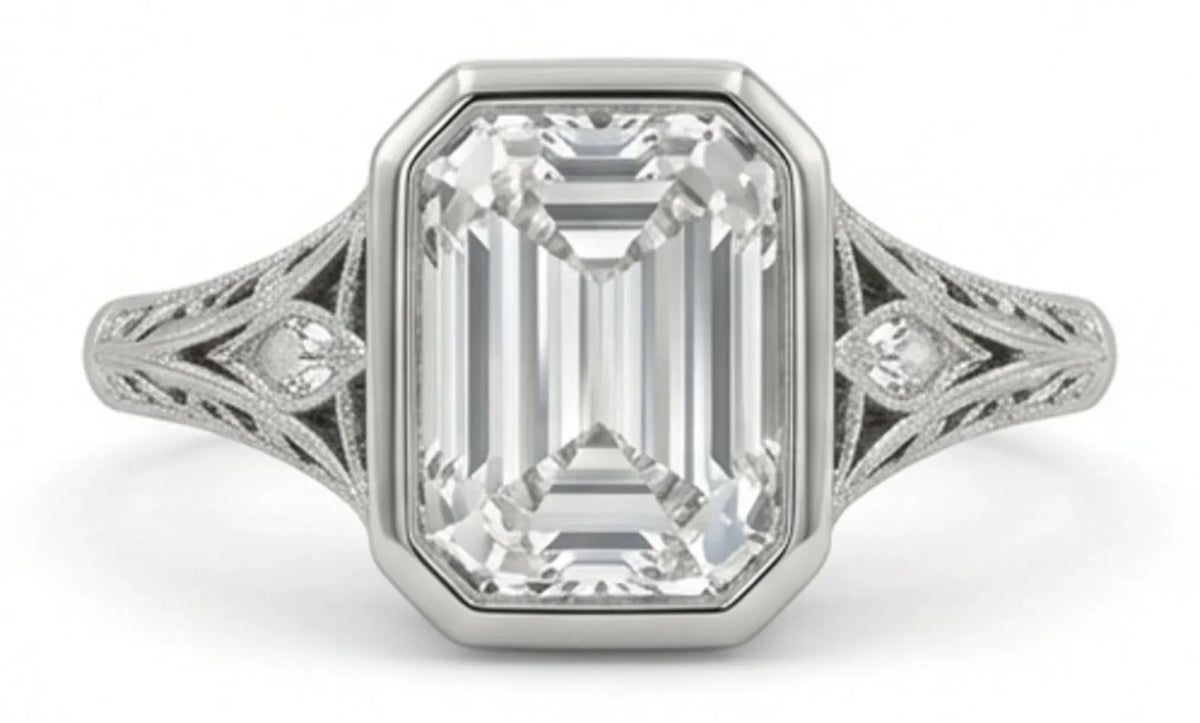 Top-down view of an emerald cut lab diamond ring showing intricate side diamond accents and filigree metalwork.