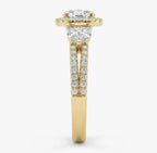 Close-up side view detailing the pave diamond split shank of a 2 carat round cut lab grown diamond engagement ring.