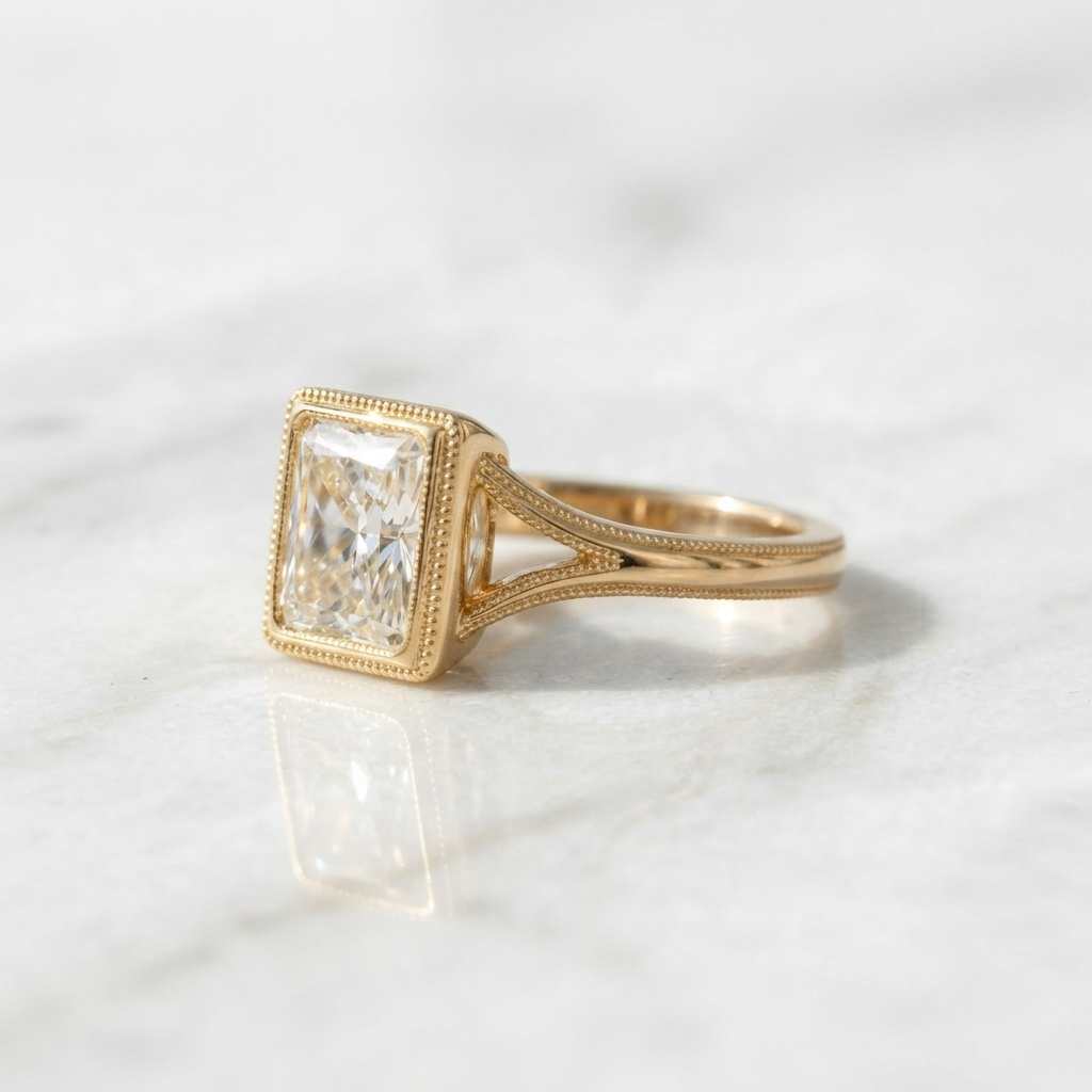 Side profile view of a yellow gold engagement ring resting on a white marble surface, highlighting the secure bezel setting and the elegant split-shank band with milgrain edges.