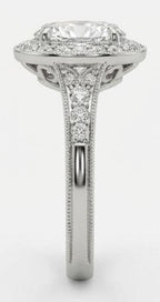 Side profile of a 3 CT oval cut lab grown diamond halo ring showcasing the diamond-encrusted pave band and gallery details.