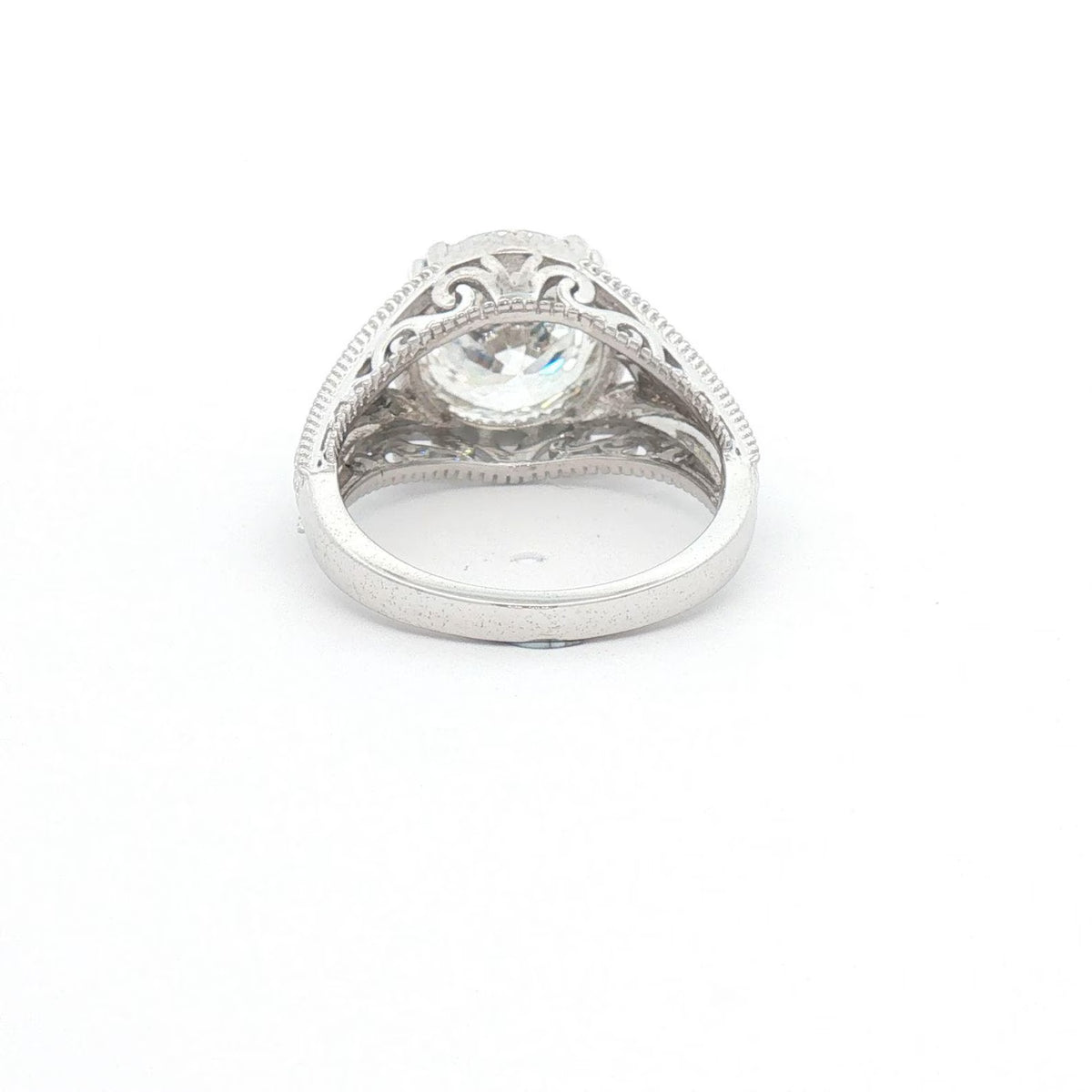 Bottom gallery view showing the intricate crown scrollwork setting of the lab diamond ring.