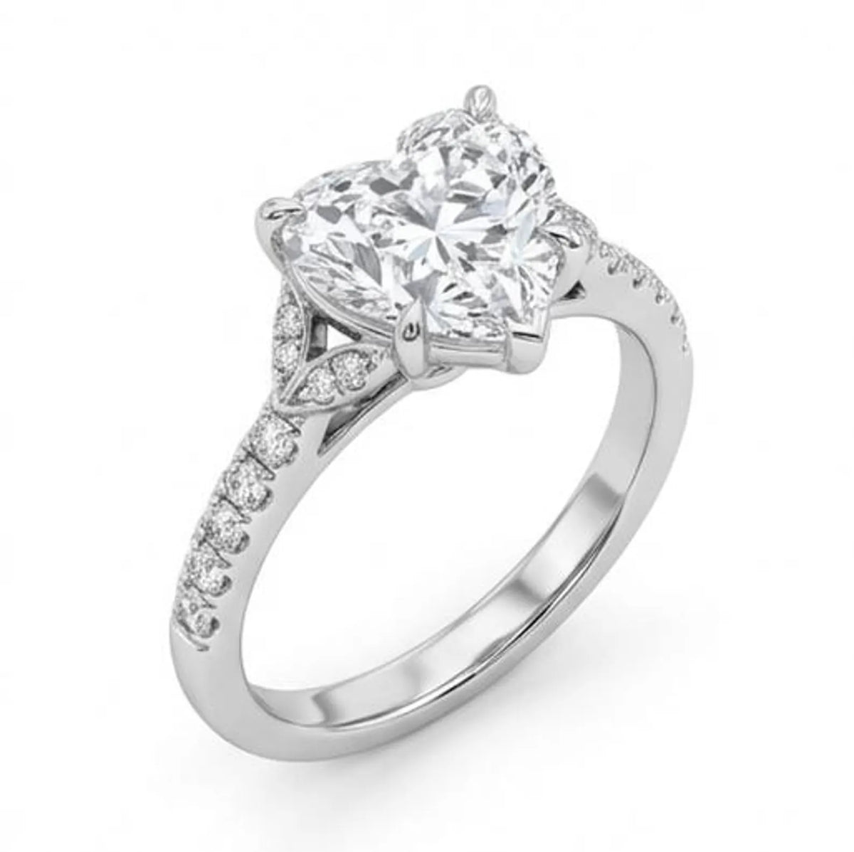 Angled view of 3 carat heart cut lab grown diamond engagement ring with botanical leaf accents and pavé band