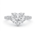 Direct top-down view of 3 carat heart cut lab grown diamond solitaire with pavé diamond shoulders