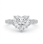 Direct top-down view of 3 carat heart cut lab grown diamond solitaire with pavé diamond shoulders