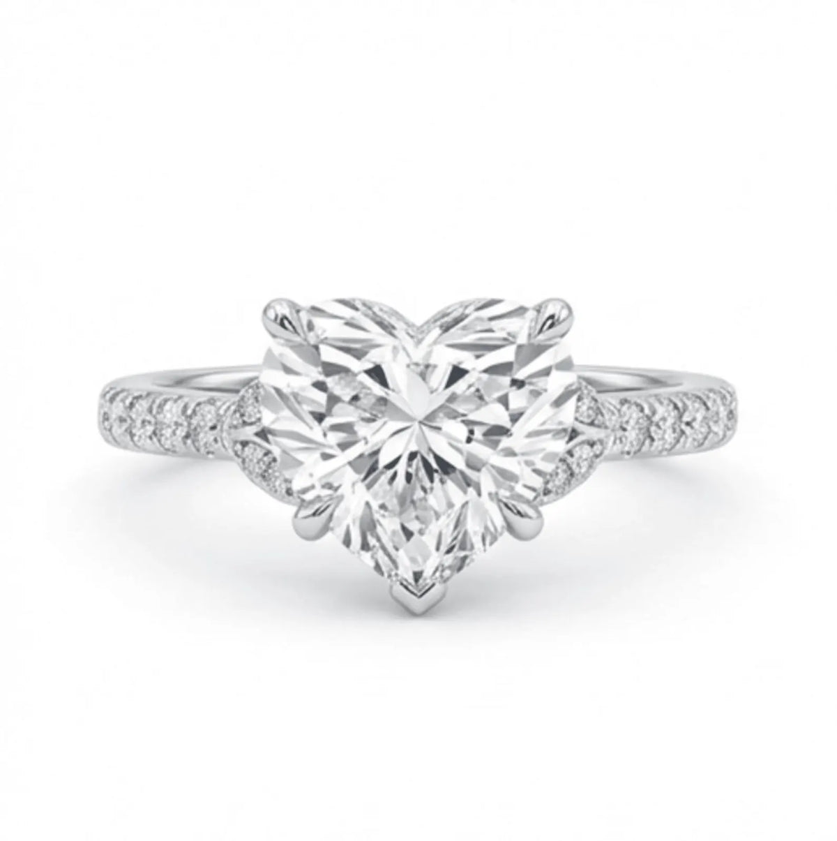 Direct top-down view of 3 carat heart cut lab grown diamond solitaire with pavé diamond shoulders
