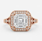 Top-down view of 3 carat asscher cut lab grown diamond ring with rose gold milgrain halo