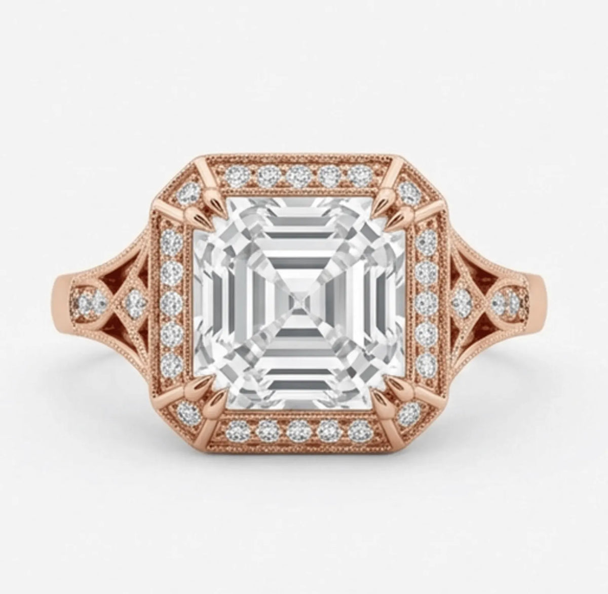 Top-down view of 3 carat asscher cut lab grown diamond ring with rose gold milgrain halo