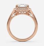 Side profile view of 3 CT asscher lab diamond ring showing rose gold filigree under gallery