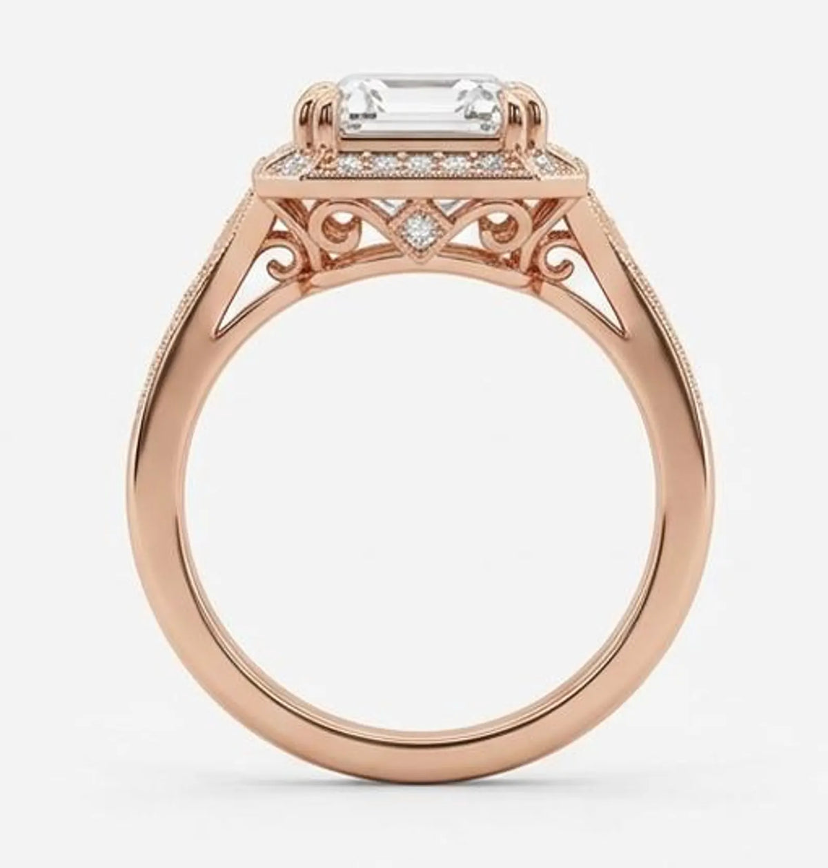 Side profile view of 3 CT asscher lab diamond ring showing rose gold filigree under gallery