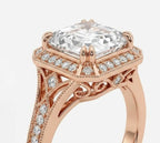 Close-up three-quarter view of asscher cut lab diamond showing claw prongs and intricate scrollwork