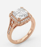Three-quarter angle of 3 carat asscher lab diamond engagement ring in rose gold with diamond band