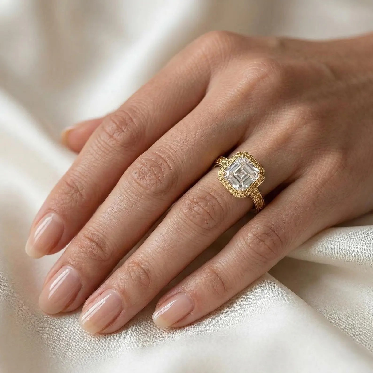 A woman's hand resting on smooth white silk fabric, modeling a luxurious 3 carat Asscher cut lab grown diamond engagement ring in yellow gold.