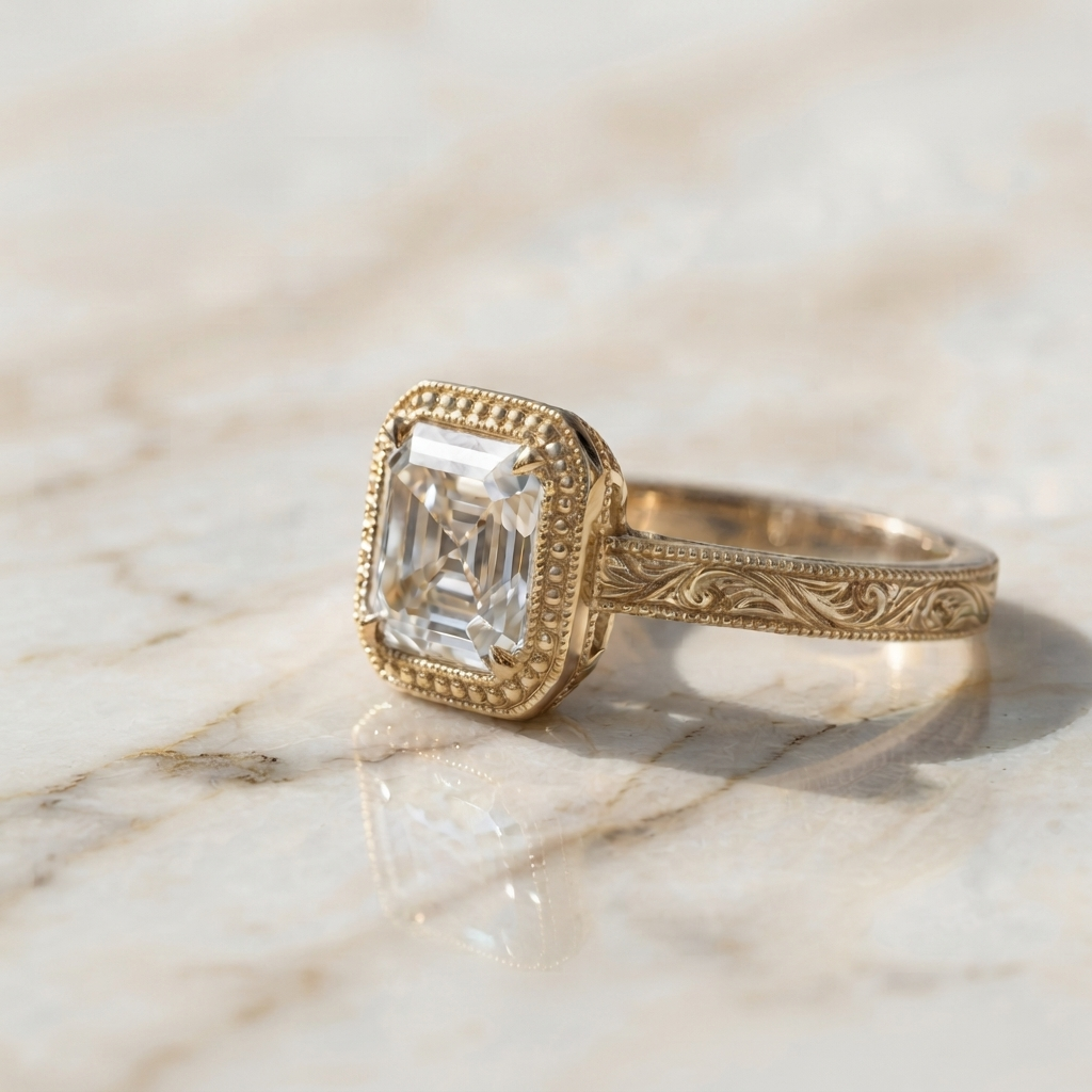 Angled side profile of an ornate yellow gold engagement ring resting on a marble surface, showcasing the Asscher cut center diamond, milgrain bezel, and floral engraved band.