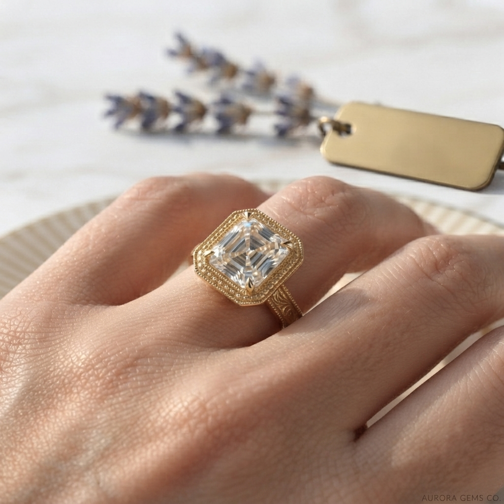 3 CT Asscher Cut Lab Grown Diamond Engagement Ring, Vintage Engraved Yellow Gold