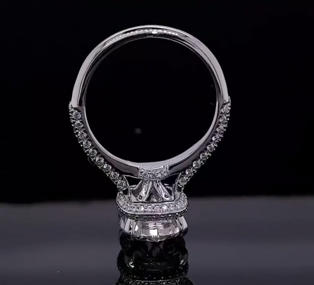 Full inner profile view of a 3 CT cushion cut lab grown diamond ring standing on its setting.