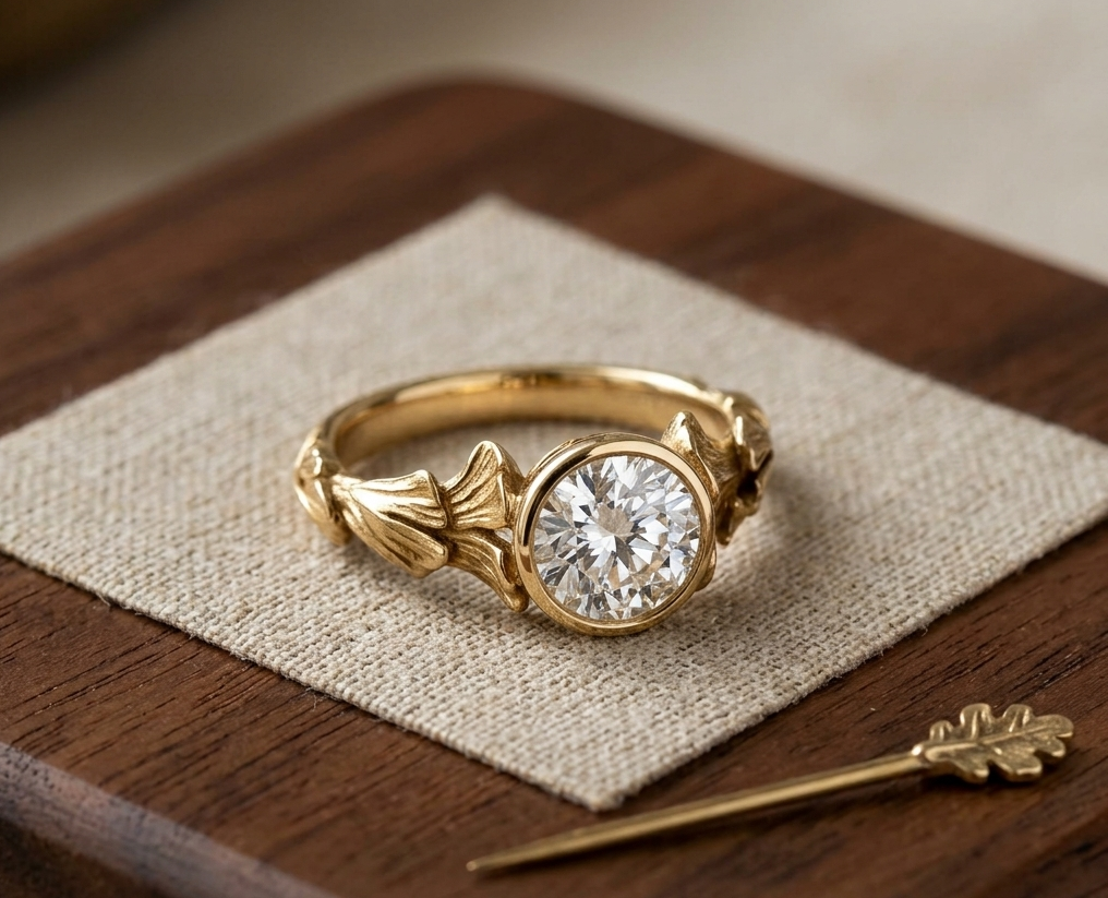 Top view of a 2 carat round lab grown diamond bezel ring with ginkgo leaf botanical gold band on linen.