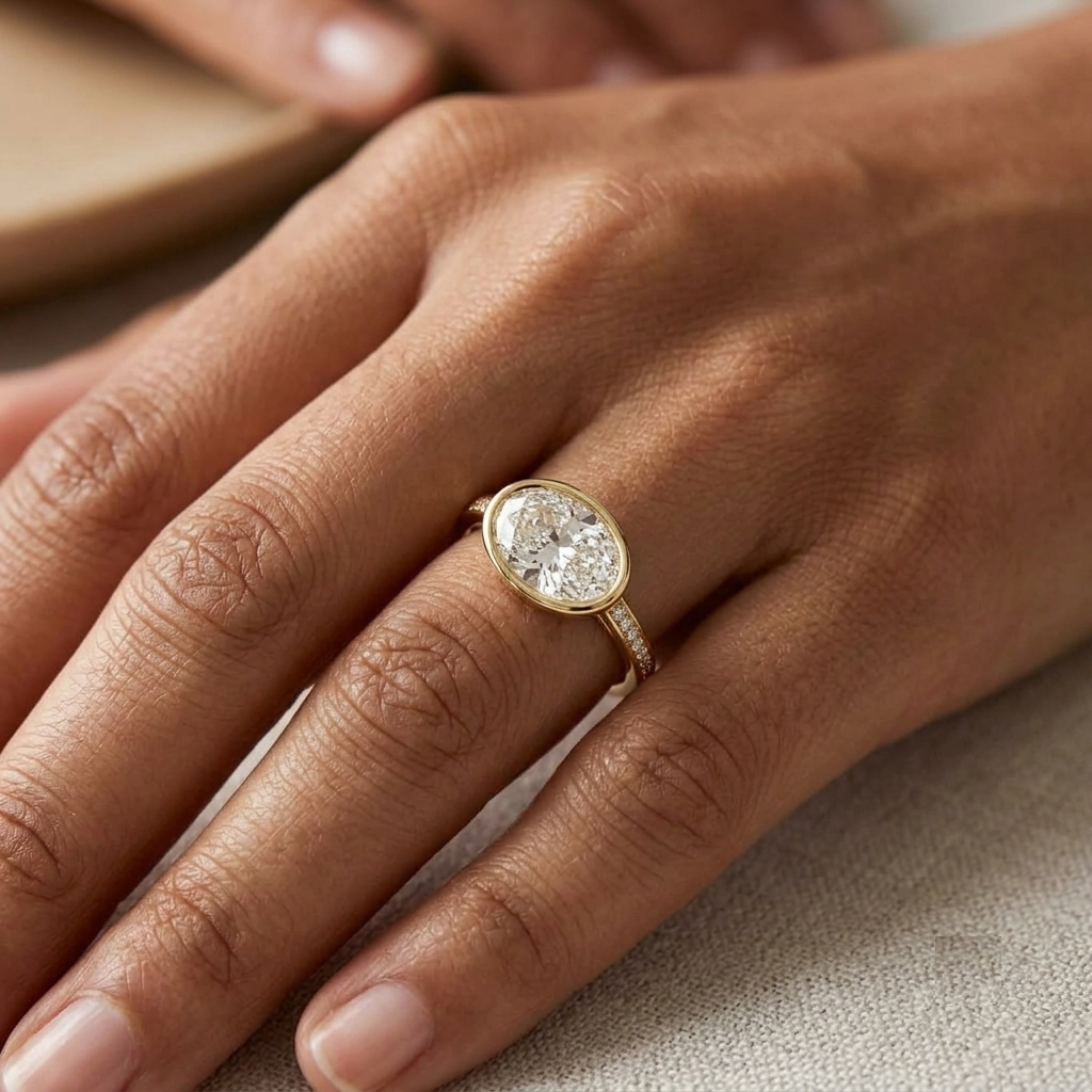 3 CT horizontal oval cut lab grown diamond bezel engagement ring worn on hand.
