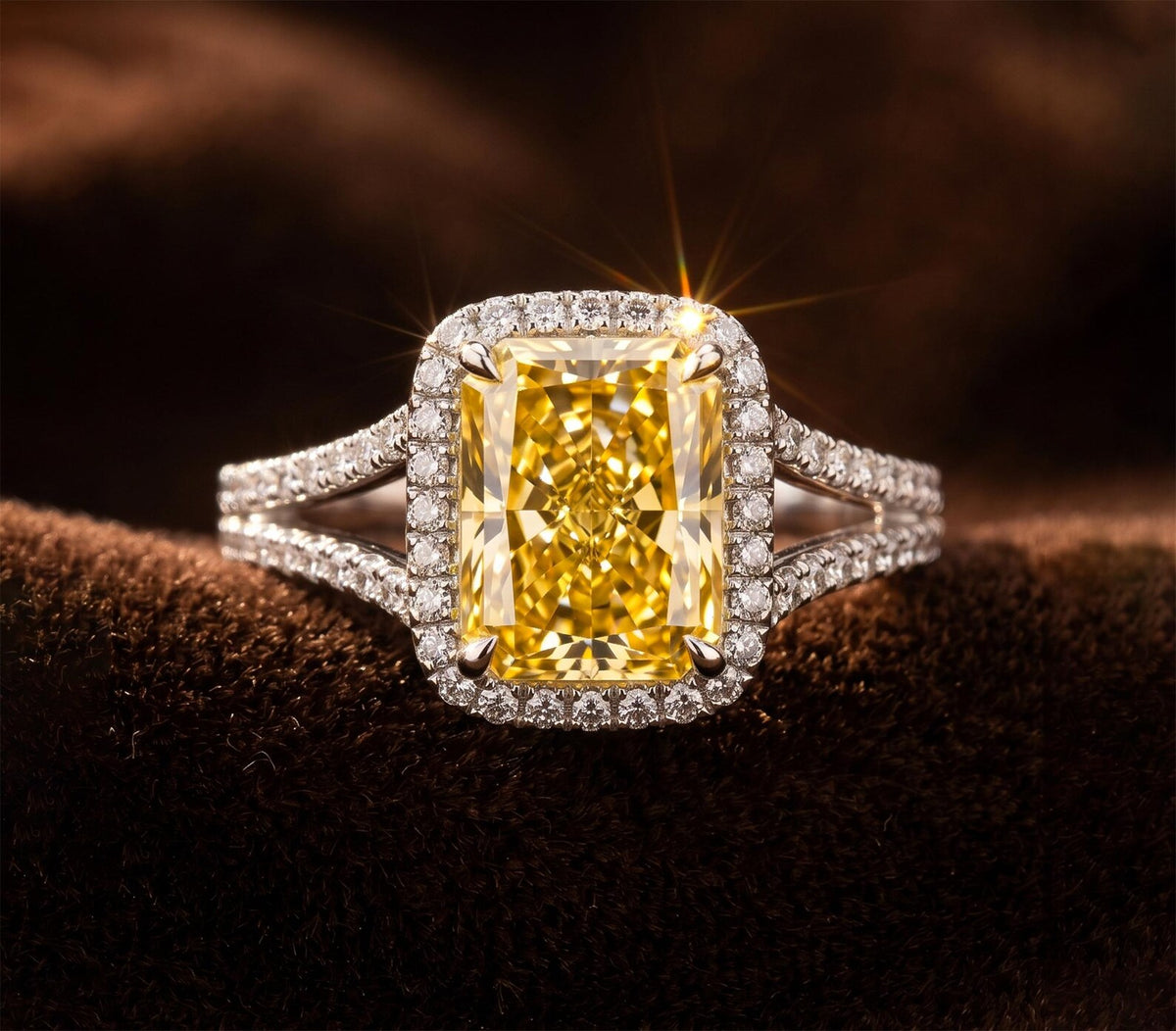 3 carat fancy yellow radiant cut lab grown diamond halo engagement ring with pave split shank