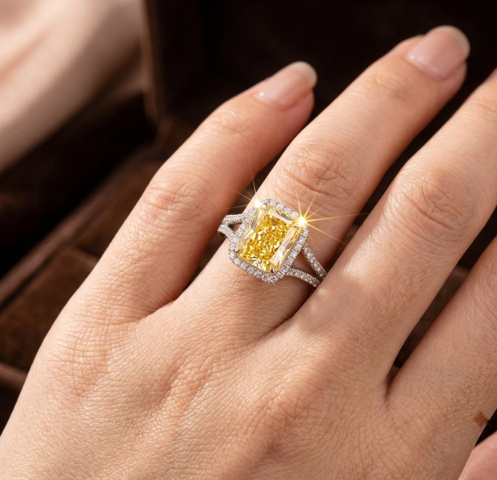 3 T Radiant Cut lab Grown Diamond Ring Wear on Finger