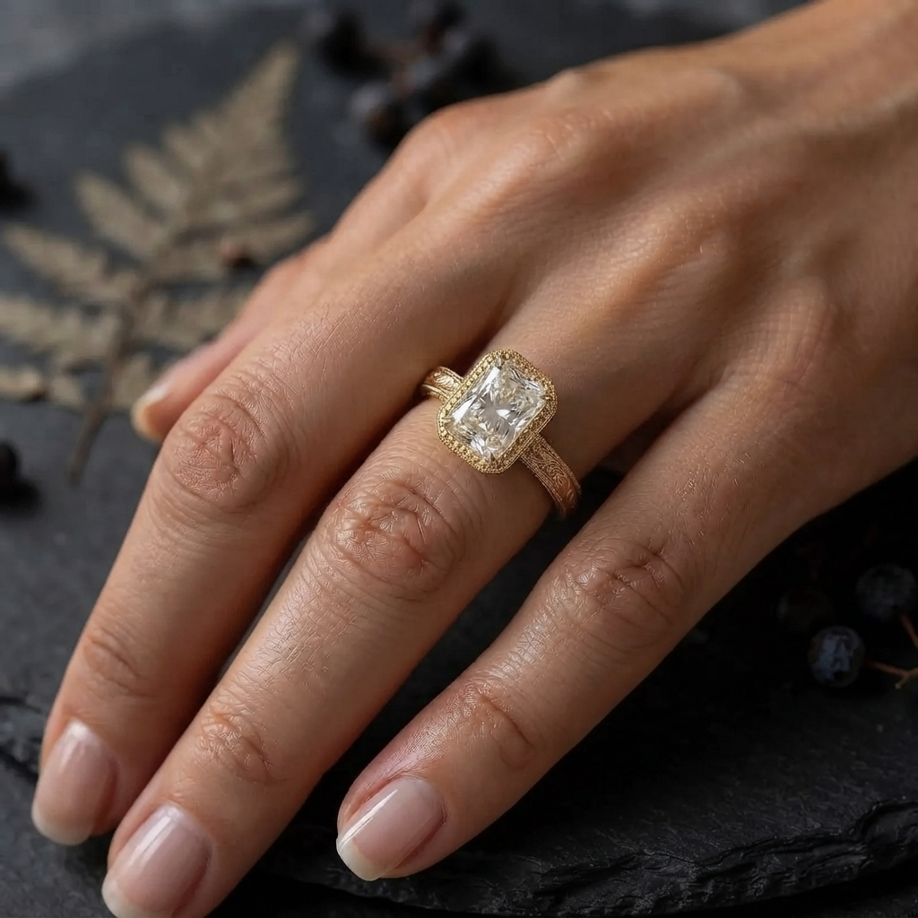 Close-up of a woman's hand wearing a 3 carat elongated radiant cut lab diamond ring in vintage engraved yellow gold on a dark slate background.
