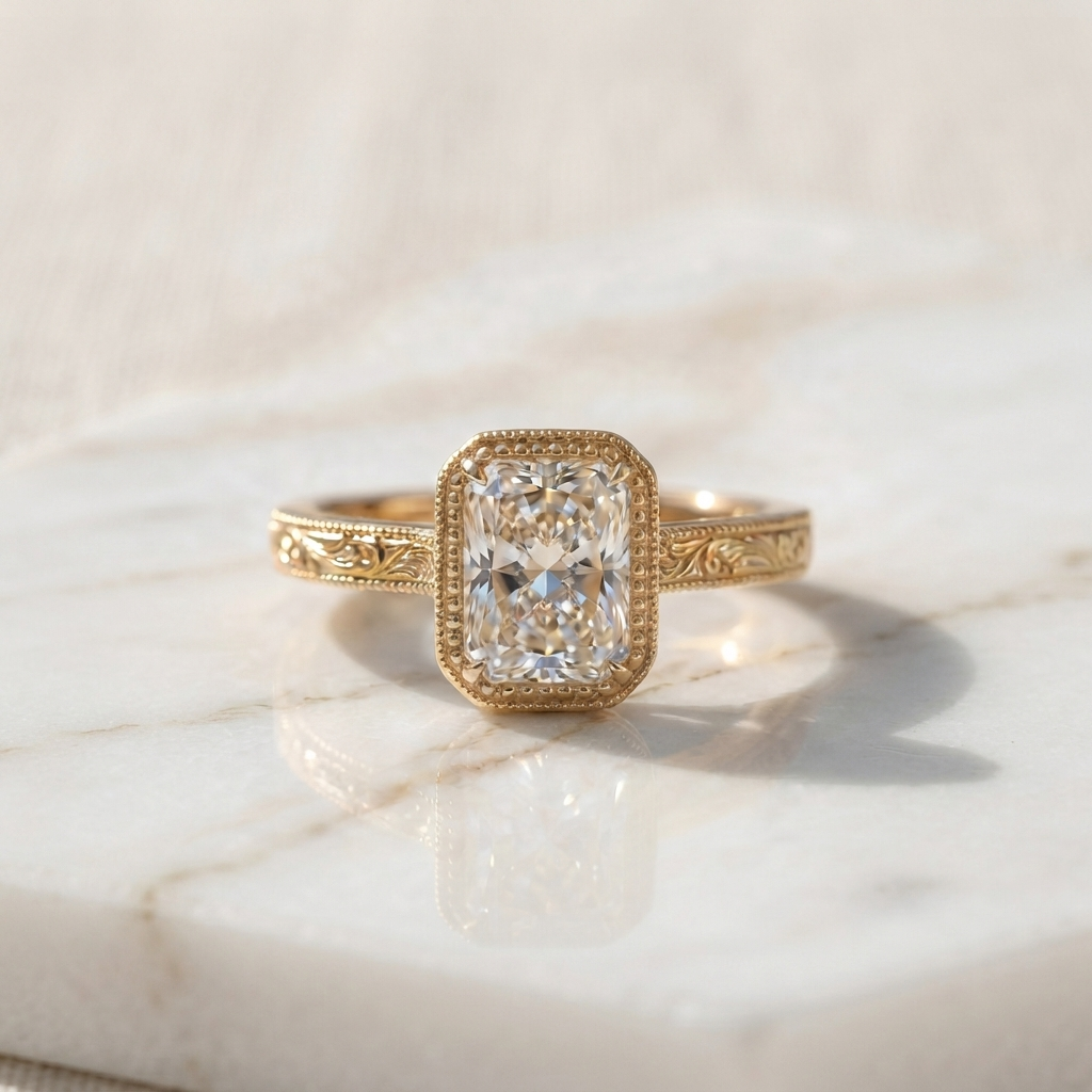 Front view of a 3ct elongated radiant cut lab grown diamond engagement ring with a milgrain bezel and engraved band resting on white marble.