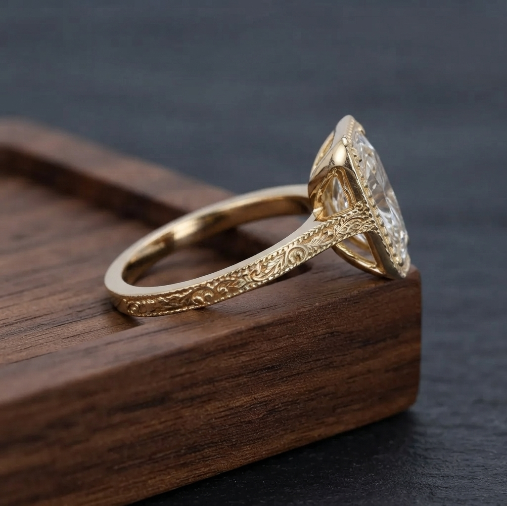 Side profile view showing the intricate floral scrollwork engraving on the yellow gold band of a radiant cut engagement ring resting on a wooden block.