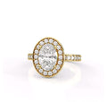 Front view of 2 carat oval cut lab grown diamond halo engagement ring with pave yellow gold band