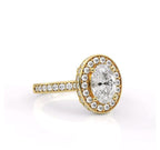 Top perspective view of 2ct oval cut lab diamond ring with sparkling halo frame