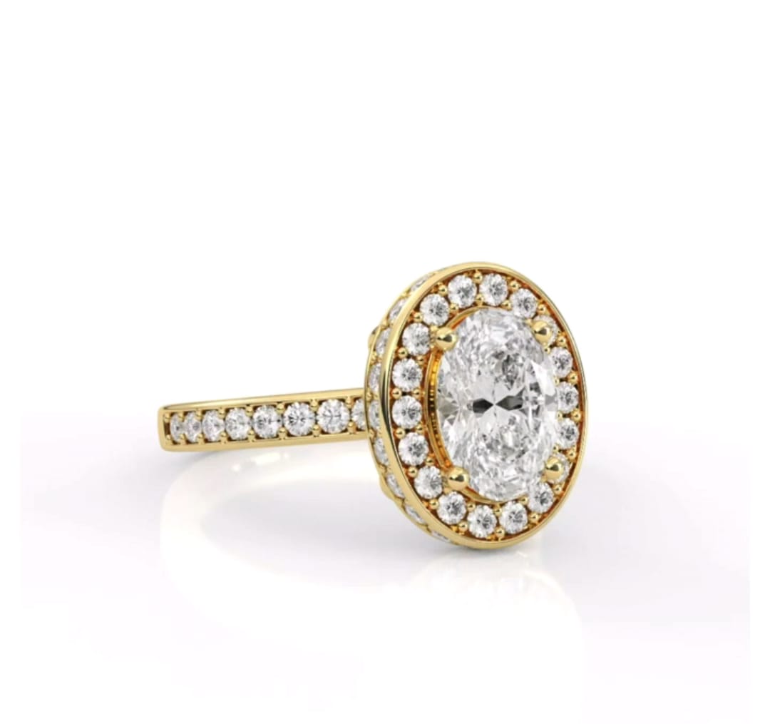 Top perspective view of 2ct oval cut lab diamond ring with sparkling halo frame