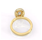 Interior view of polished yellow gold basket and band on 2ct oval lab grown diamond ring