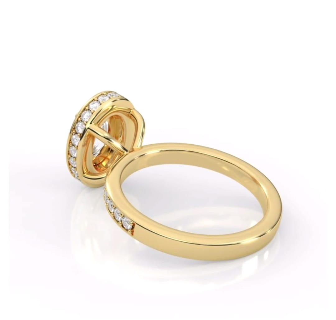 Under-gallery view of 2 carat oval lab diamond halo ring showing setting construction