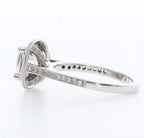 Side view profile of 3 CT cushion cut lab grown diamond halo ring showing cathedral setting and 925 silver hallmark stamp.