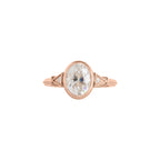 Top view of rose gold 2 CT oval cut lab diamond ring with triangular milgrain side accents.