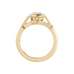 Direct side profile view of 2 CT oval lab diamond ring showing undergallery basket and gold band.