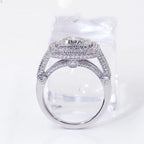 Under-gallery arch view of double halo lab grown diamond engagement ring showing detailed pavé bridge setting.