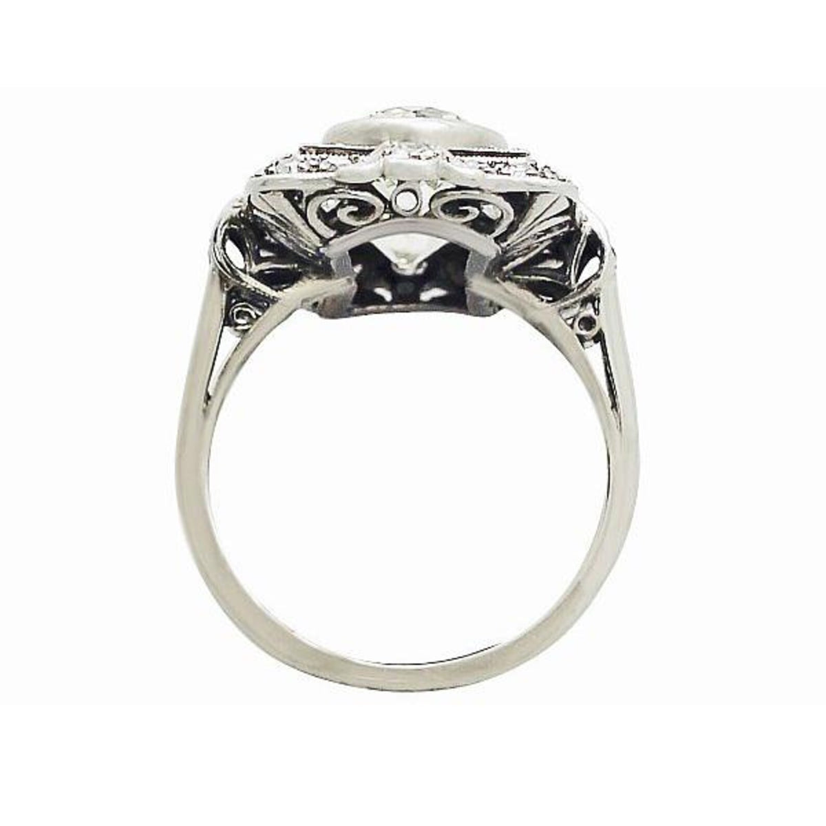 Underside view of Art Deco lab diamond plaque ring revealing openwork filigree under-gallery arch.