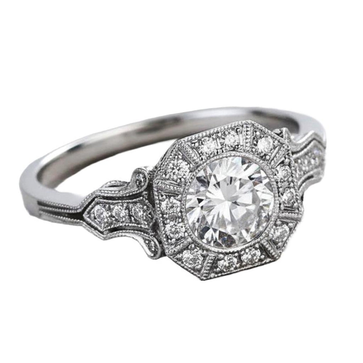 Close-up 3/4 view highlighting geometric halo facets and micro-pavé details of 2 CT round lab diamond ring.