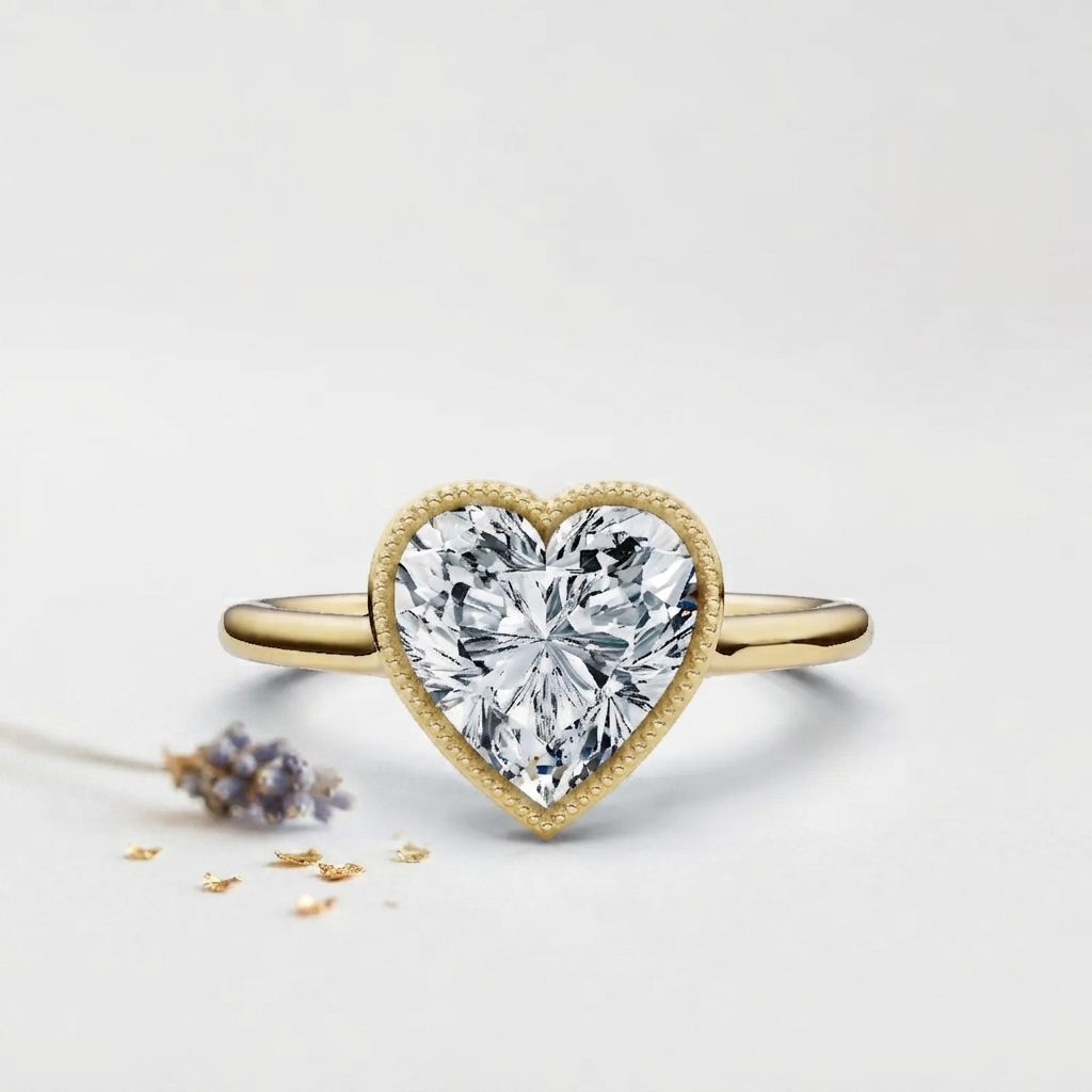 Front view of a 3 carat heart cut lab grown diamond engagement ring in a yellow gold milgrain bezel setting, styled with dried lavender and gold flecks.
