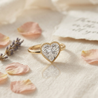Top-down angled view of a heart cut diamond solitaire ring resting on beige textured fabric surrounded by soft rose petals.
