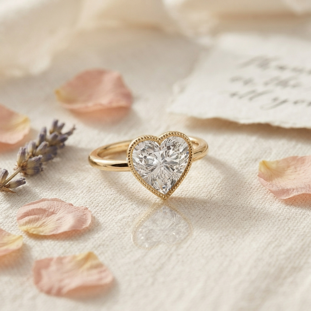 Top-down angled view of a heart cut diamond solitaire ring resting on beige textured fabric surrounded by soft rose petals.