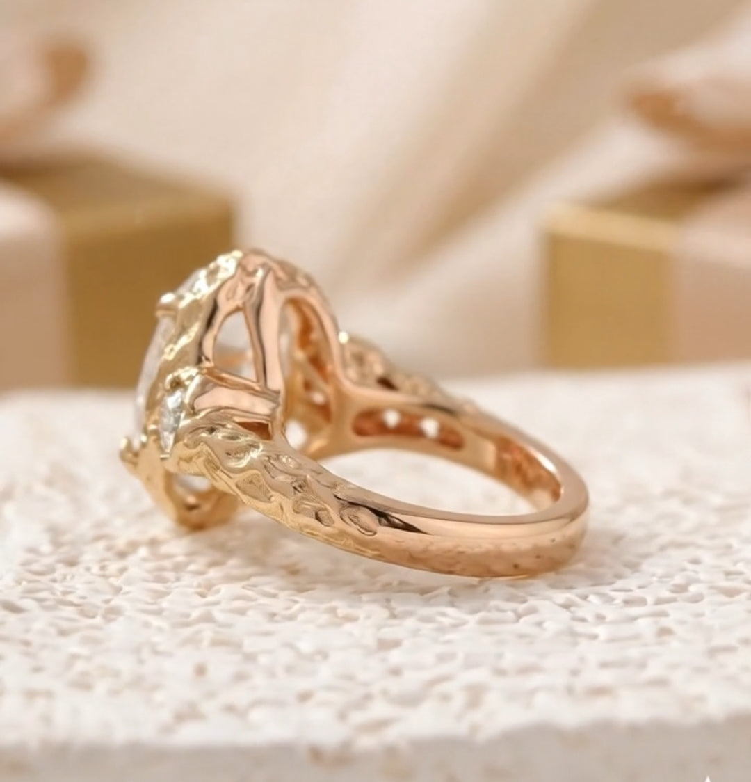 Hammered Gold Three Stone 3 CT Oval Lab Diamond Engagement Ring