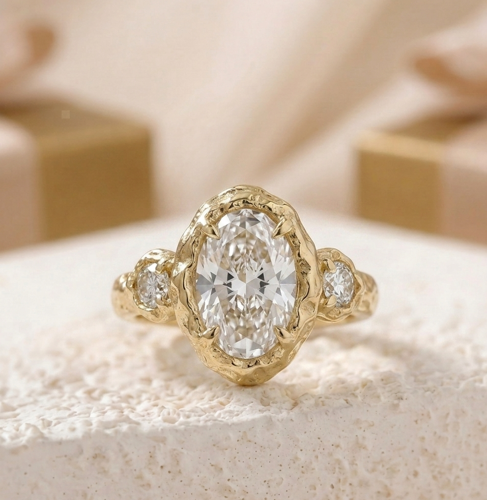 Hammered Gold Three Stone 3 CT Oval Lab Diamond Engagement Ring