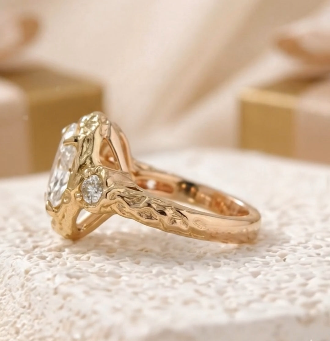 Hammered Gold Three Stone 3 CT Oval Lab Diamond Engagement Ring