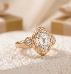 Hammered Gold Three Stone 3 CT Oval Lab Diamond Engagement Ring