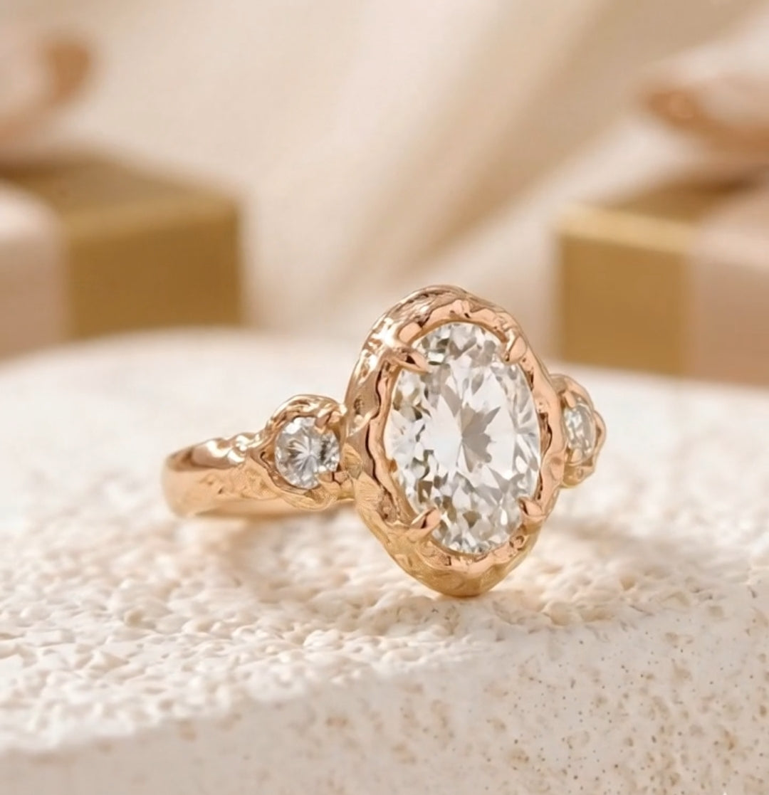 Hammered Gold Three Stone 3 CT Oval Lab Diamond Engagement Ring