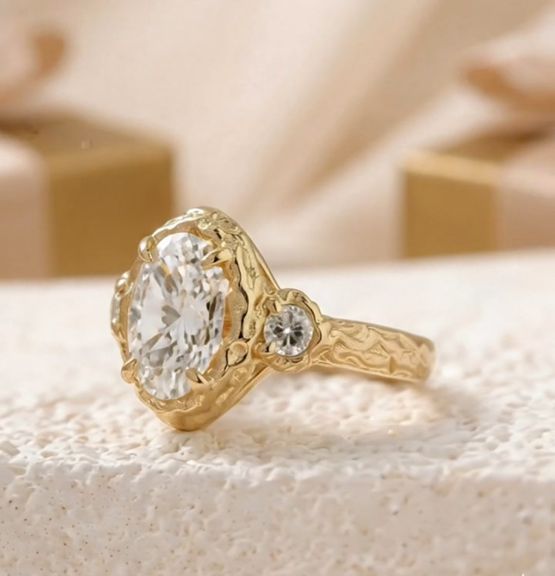 Hammered Gold Three Stone 3 CT Oval Lab Diamond Engagement Ring