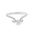 Isolated front view of contoured tiara crown wedding band with pear diamond accent on white background.