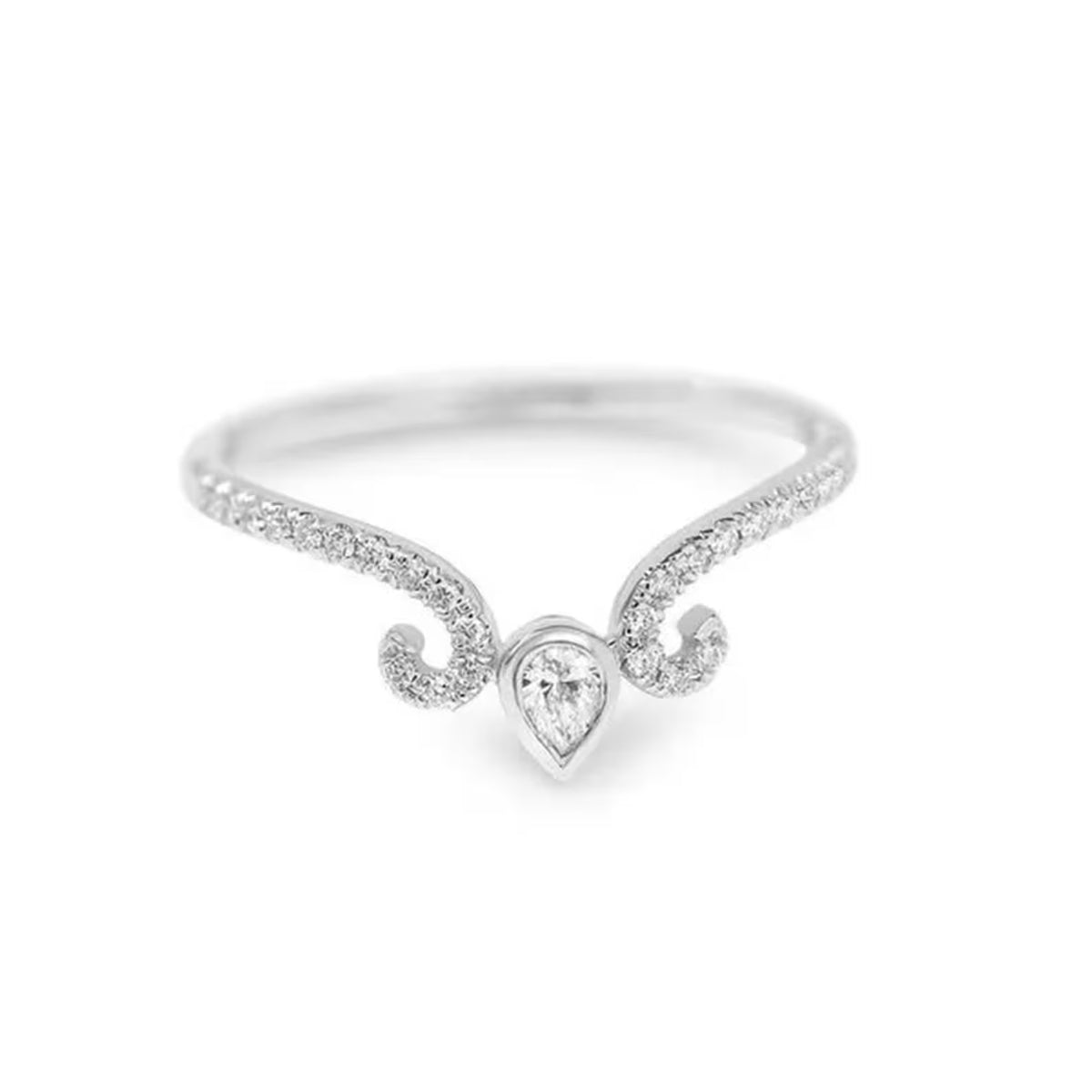 Isolated front view of contoured tiara crown wedding band with pear diamond accent on white background.