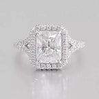 Top-down view of a 3 CT radiant cut lab-grown diamond ring with a diamond halo and split-shank pavé band