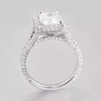 Direct side profile view highlighting the cathedral split shank and micro-pavé encrusted band of a radiant lab diamond ring.